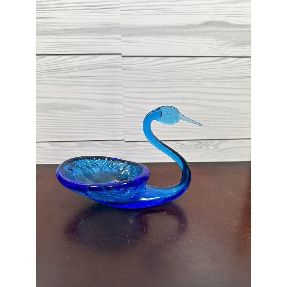 Vintage Rainbow Art Glass Blue‎ Swan Bowl Figurine